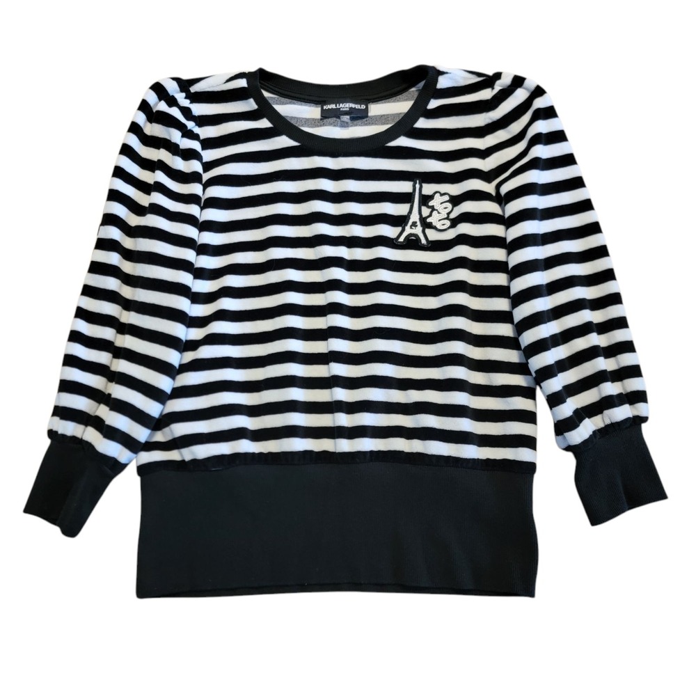Karl Lagerfeld Paris Top Striped Velour Black White Designer Women's Size XS